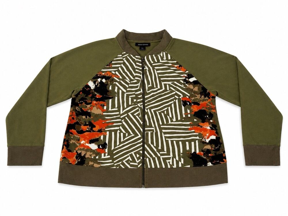 Ashley Sport Women’s 18/20 2X Olive Green Full Zip Abstract Print Jacket